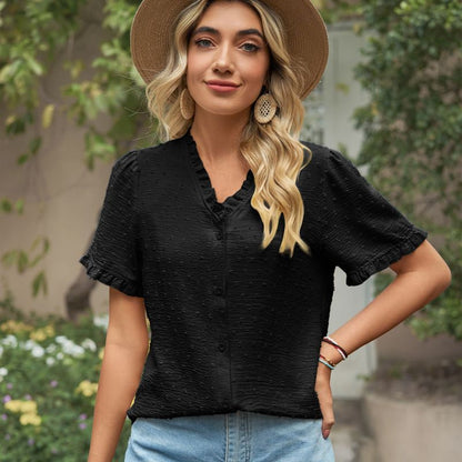 Blusa informal de verano para mujer, de gasa, con cuello en V, floral, de manga corta y color liso