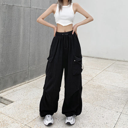 Pantalones cargo holgados de pierna de color sólido estilo retro informal para mujer