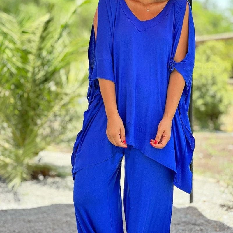 Conjunto de dos piezas para mujer, holgado, informal, con escote en V, pantalones de pierna ancha y talla grande