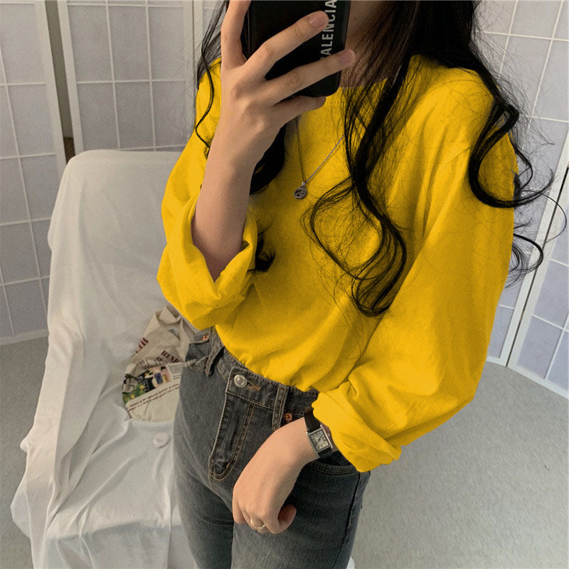 Camiseta informal de manga larga con cuello redondo y color liso para mujer
