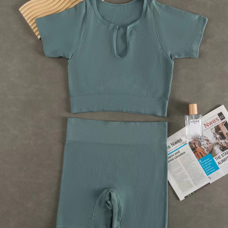 Women Fashion Casual Solid Color Sports Yoga Short Sleeve Top Shorts Set
