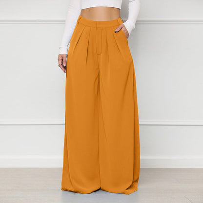 Women Solid Color High Waist Loose Casual Fashion Wide Leg Pants