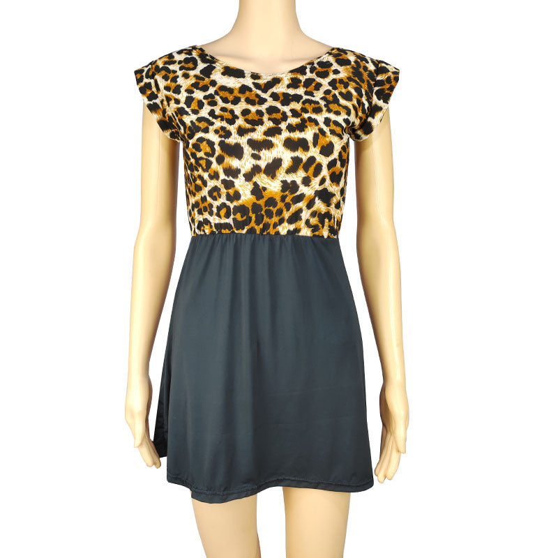 Vestido sexy de discoteca con estampado de leopardo y pata de gallo para mujer, informal, de manga corta y cuello redondo