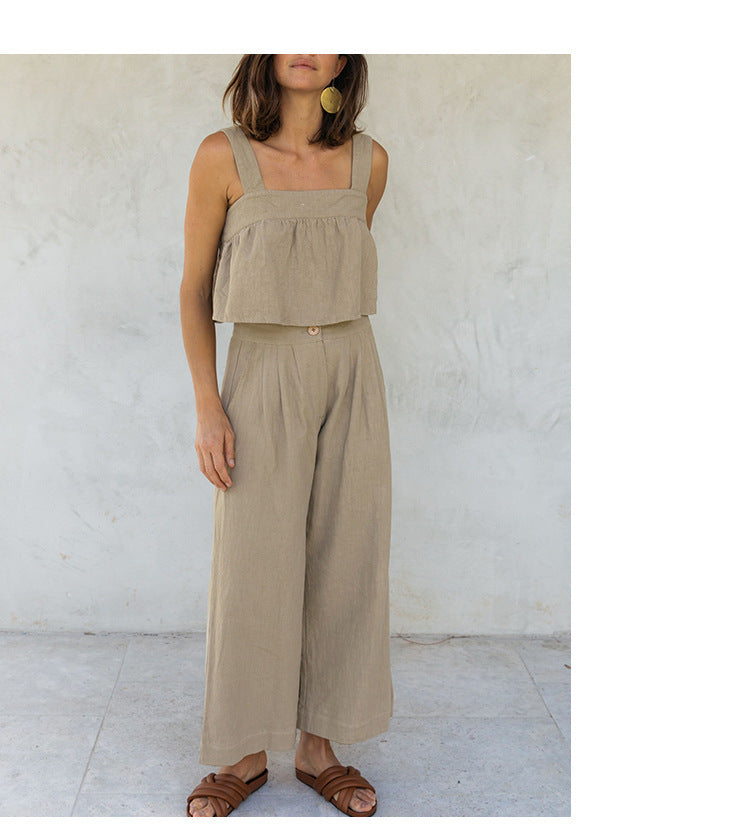 Conjunto de dos piezas de top con tirantes y pantalones anchos con diseño de botones para mujer