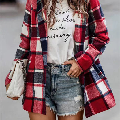 Chaqueta de punto de manga larga con bolsillo y estampado a cuadros holgado e informal de invierno para mujer