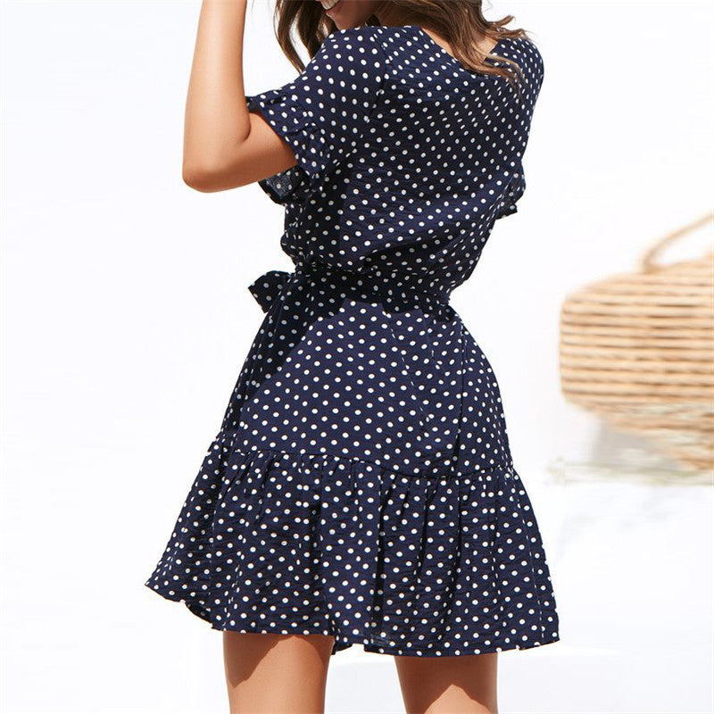 Vestido informal de verano para mujer, con estampado de lunares, mangas acampanadas, escote en V y botonadura sencilla