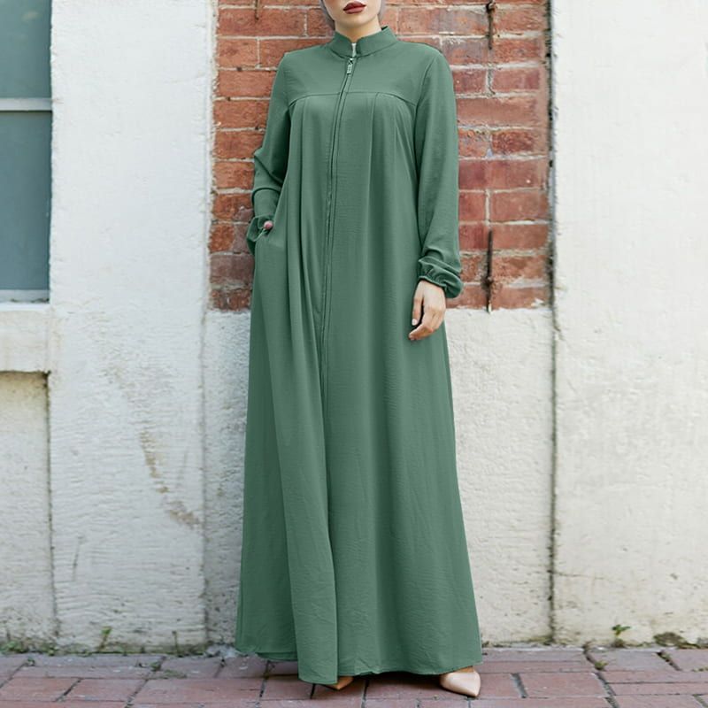 Women Casual Solid Color Long Sleeve Collar Zip Cardigan Abaya Loose Maxi Dress