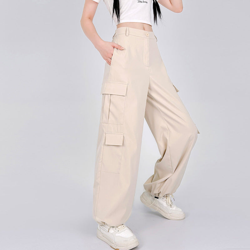Women Casual Solid Color High Waist Cargo Pants