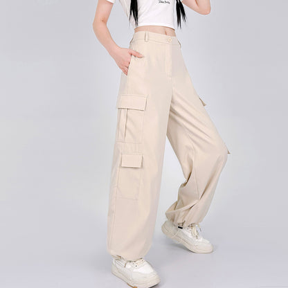 Women Casual Solid Color High Waist Cargo Pants