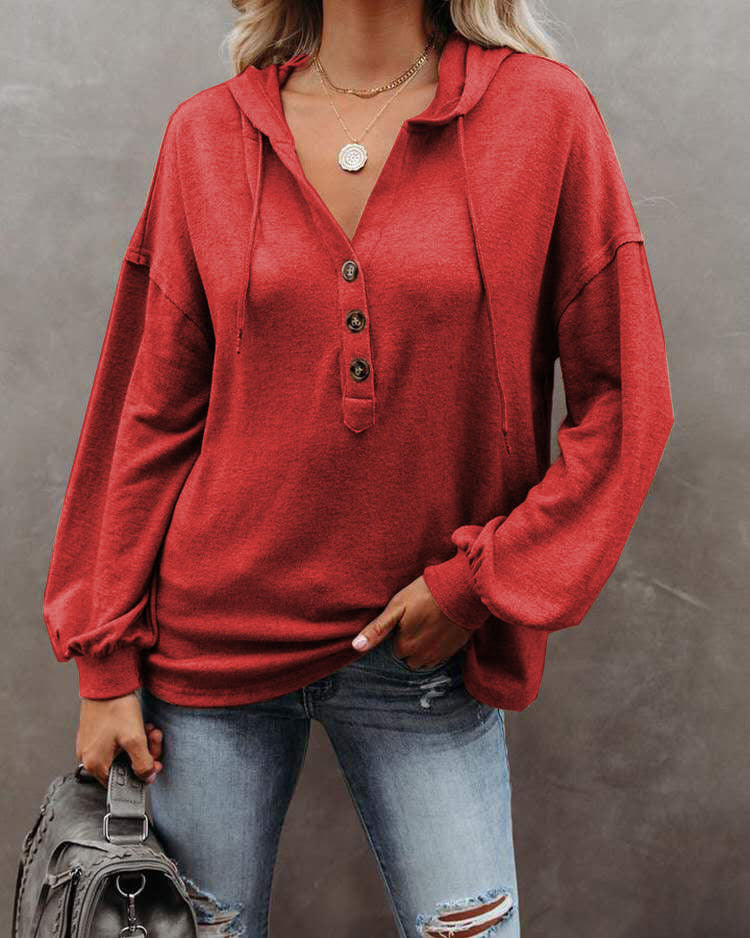 Women Casual Solid Color Long Sleeves Hooded Loose Solid Color Top