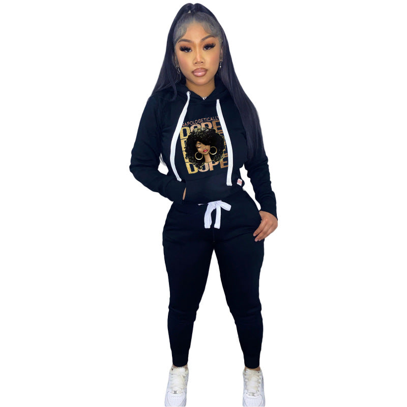 Conjunto deportivo informal de dos piezas con capucha y pantalones de manga larga estampados para mujer