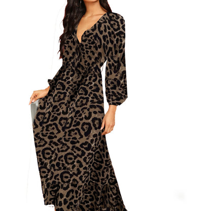 Long Sleeve Dress Women Vintage Boho Style V Neck Casual Maxi Dress