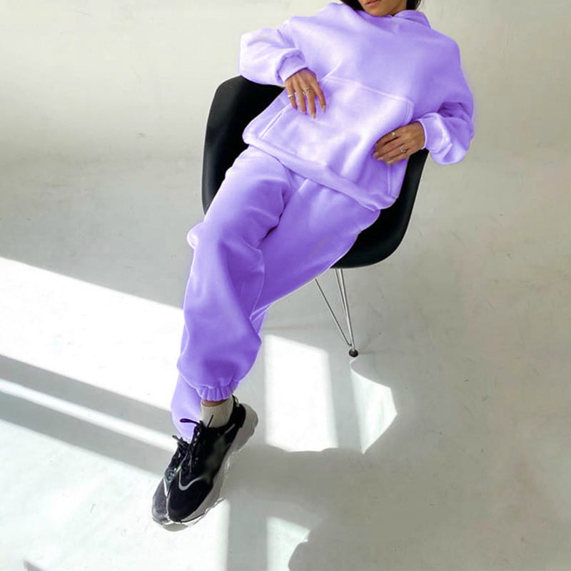 Conjunto deportivo informal de dos piezas con capucha y pantalones de manga larga de color liso para mujer