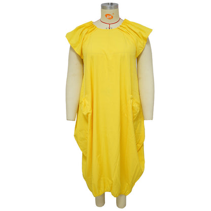 Vestido holgado informal de talla grande con mangas casquillo y volantes de color liso a la moda para mujer