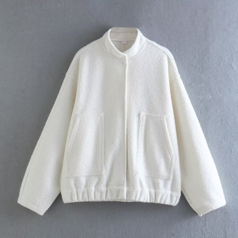 Chaqueta holgada informal de color liso con cuello alto para mujer