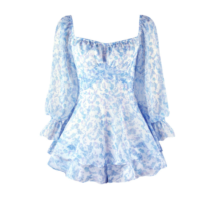 Mono informal de mujer con volantes, cuello cuadrado y manga larga con flores pequeñas