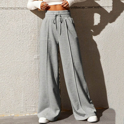 Women Fashion Casual Drawstring Elastic Waist Wide Leg Pants