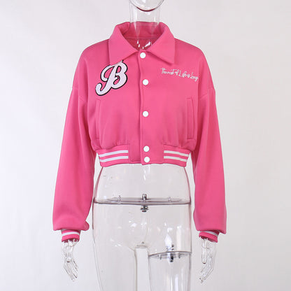 Abrigo de béisbol corto informal de manga larga con botones y estampado de solapa para mujer