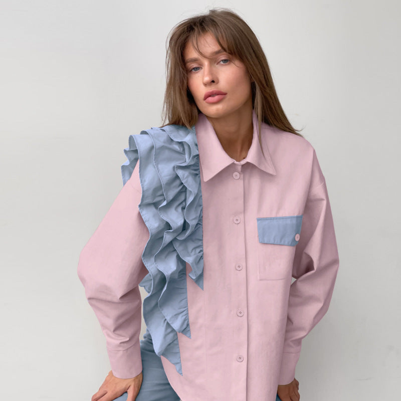Fashion Office Women Unique Loose Contrast Color Ruffled Long Sleeve Casual Lapel Shirt Blouse