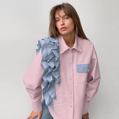 Fashion Office Women Unique Loose Contrast Color Ruffled Long Sleeve Casual Lapel Shirt Blouse