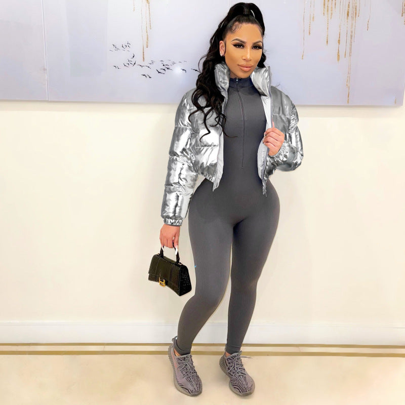 Autumn Winter Women Fashion Casual Bronzing Short Qulited Coat