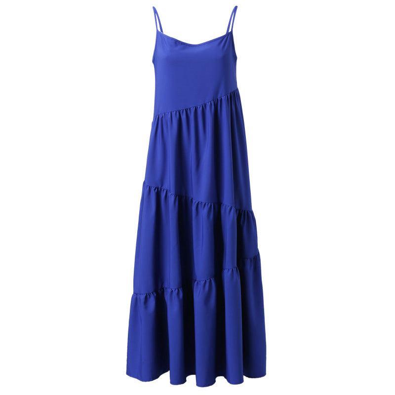 Women Casual Sleeveless Summer Loose Ruffled Solid Color Dress