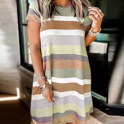 Summer Women Loose Casual Fashion Stripe Print Short Sleeve Dress