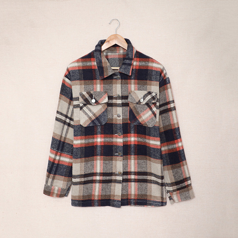 Abrigo informal con solapa y estampado a cuadros para mujer, otoño e invierno
