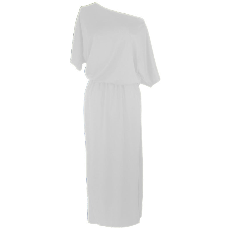 Women Casual Basic Solid Color Short Sleeve Summer Oblique Shoulder Side-slit Pocket Loose Dress