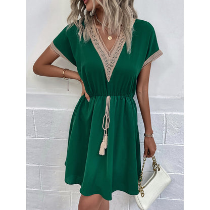 Women'S Casual Lace Stitching V-Neck Dress