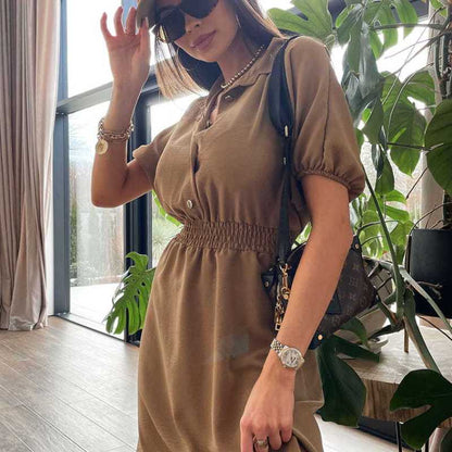 Vestido informal de manga corta con solapa y botonadura sencilla de color liso para mujer