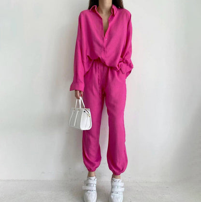 Conjunto de dos piezas de camisa de manga larga con solapa de color liso para mujer, pantalones bombachos y pantalón informal