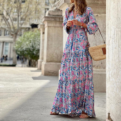 Vestido largo de manga larga con estampado bohemio informal de moda de verano para mujer