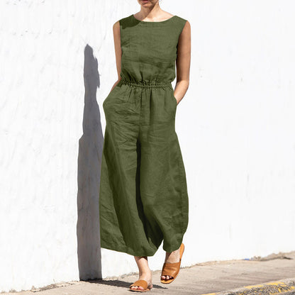Summer Solid Color High Waist Sleeveless Women Fashion Casual Loose Jumpsuits