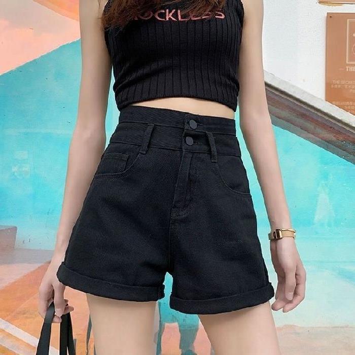 Women Fashion Casual High-Waisted Half-Zip Crimped Denim Shorts