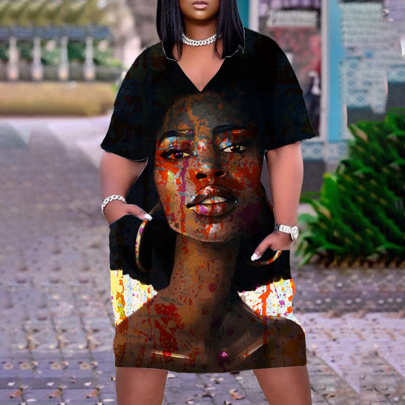 Women Casual Graffiti Printed Vintage 3D Pocket Loose Plus Size Dress