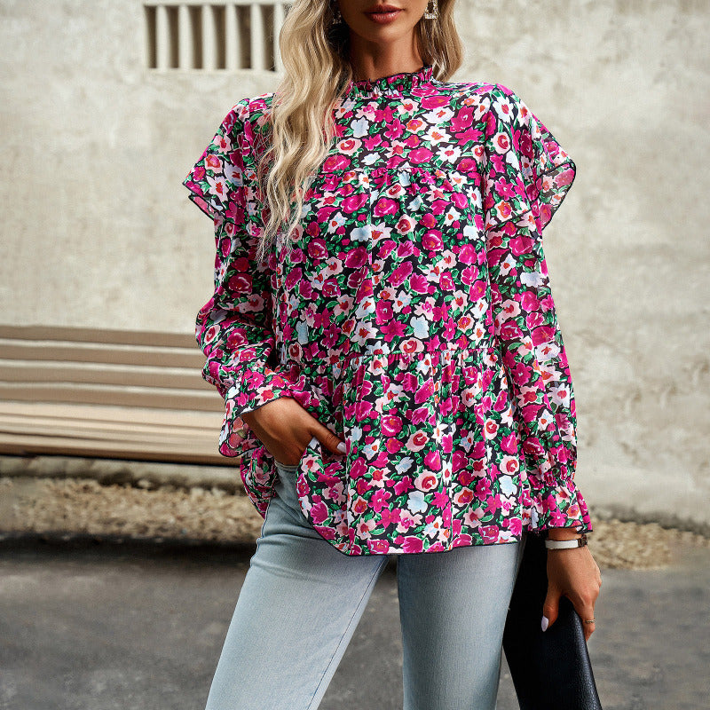 Blusa informal de manga larga con volantes y estampado para mujer