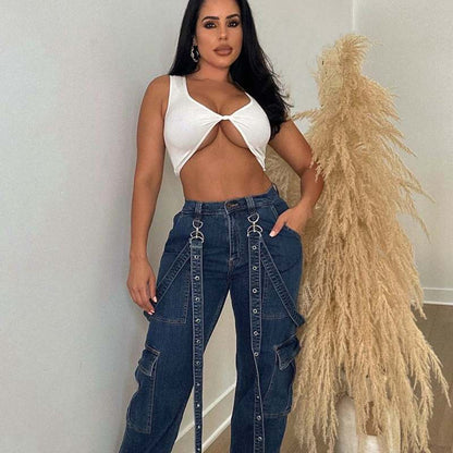 Women Fashion Loose Casual Multi-Pocket Denim Cargo Pants