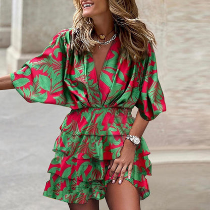 Vestido informal de vacaciones para mujer, con estampado de bloques de color, escote en V, mangas cortas, cintura definida y volantes