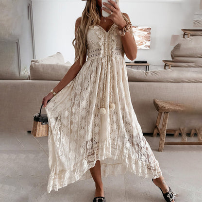 Summer Women Fashion Casual V-Neck Lace Irregular Strap Maxi Dress