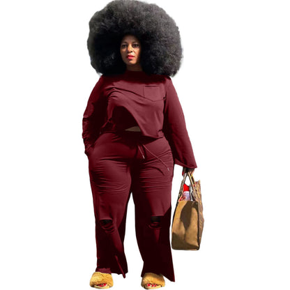 Autumn Plus Size Women Fashion Basic Casual Solid Color Top And Pants Two-piece Set