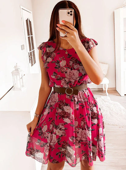 Vestido informal de gasa con volantes y manga corta con estampado floral para mujer