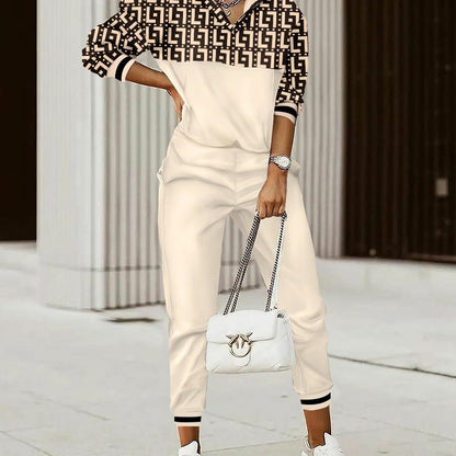 Conjunto informal de top y pantalón de manga larga con estampado geométrico colorido para mujer