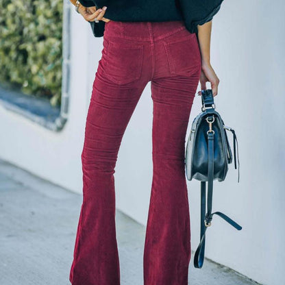 Women Solid Color High Waist Slim Fit Micro-Flare Elastic Waist Casual Pants