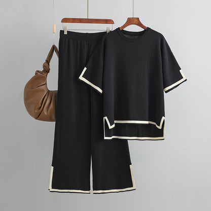 Conjunto de dos piezas de pantalones anchos de punto con contraste informal para mujer