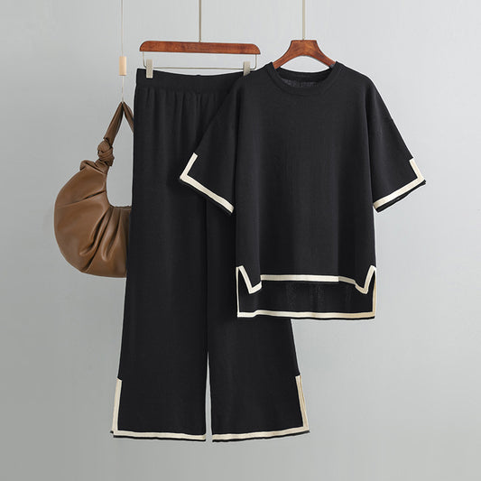 Conjunto de dos piezas de pantalones anchos de punto con contraste informal para mujer
