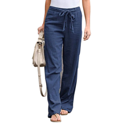 Women Solid Color Linen High Waist Lace Up Wide Leg Casual Pants