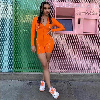 Women Long Sleeve Zipper Stand Collar Slim Fit Waist Casual Fashion Rompers
