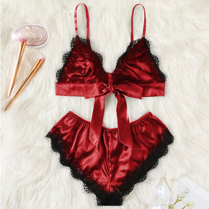 Conjunto de pijama informal sin mangas con encaje y pantalones cortos para mujer, con bloques de color y estilo vanguardista