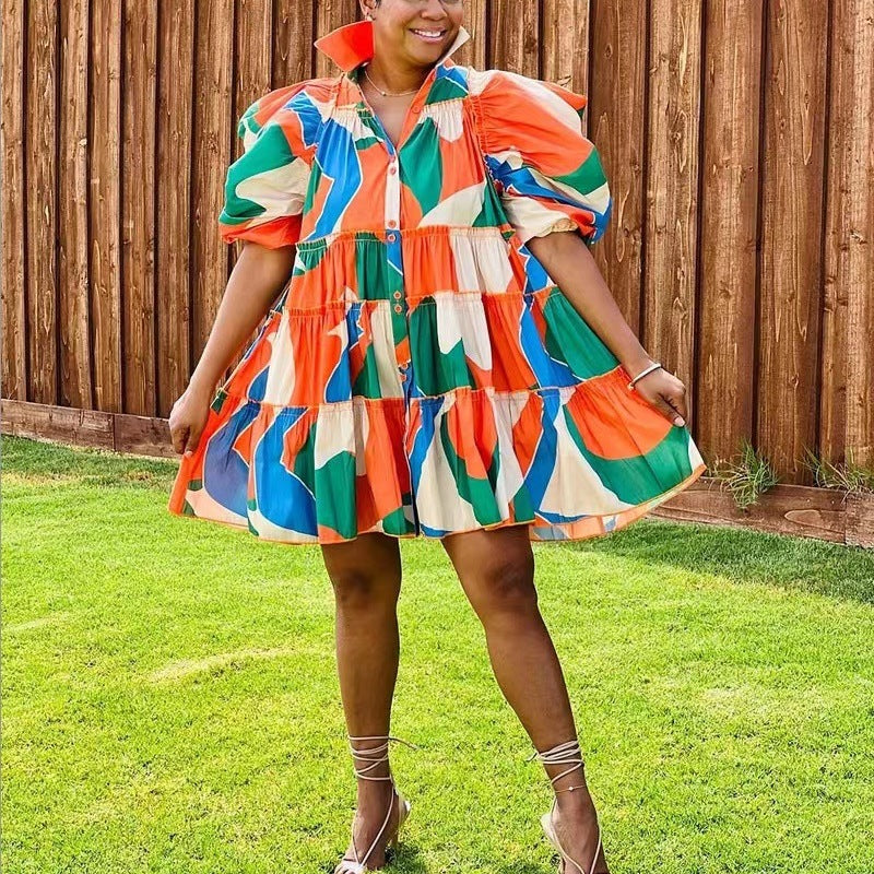 Women Elegant Fashion Casual Ruffled Short Sleeves Color Blocking Shirt Dress